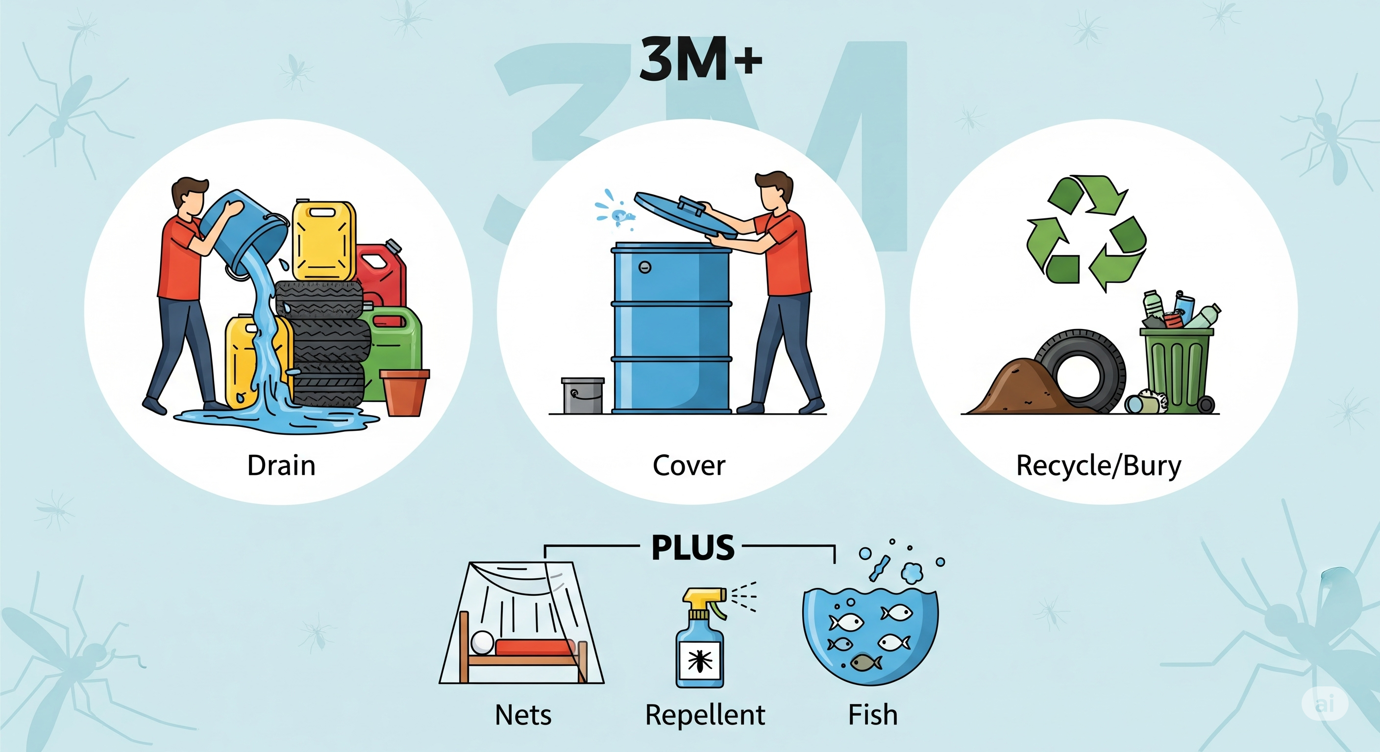 Ilustrasi 3M Plus: menguras, menutup, mengubur dengan gaya infografis warna-warni