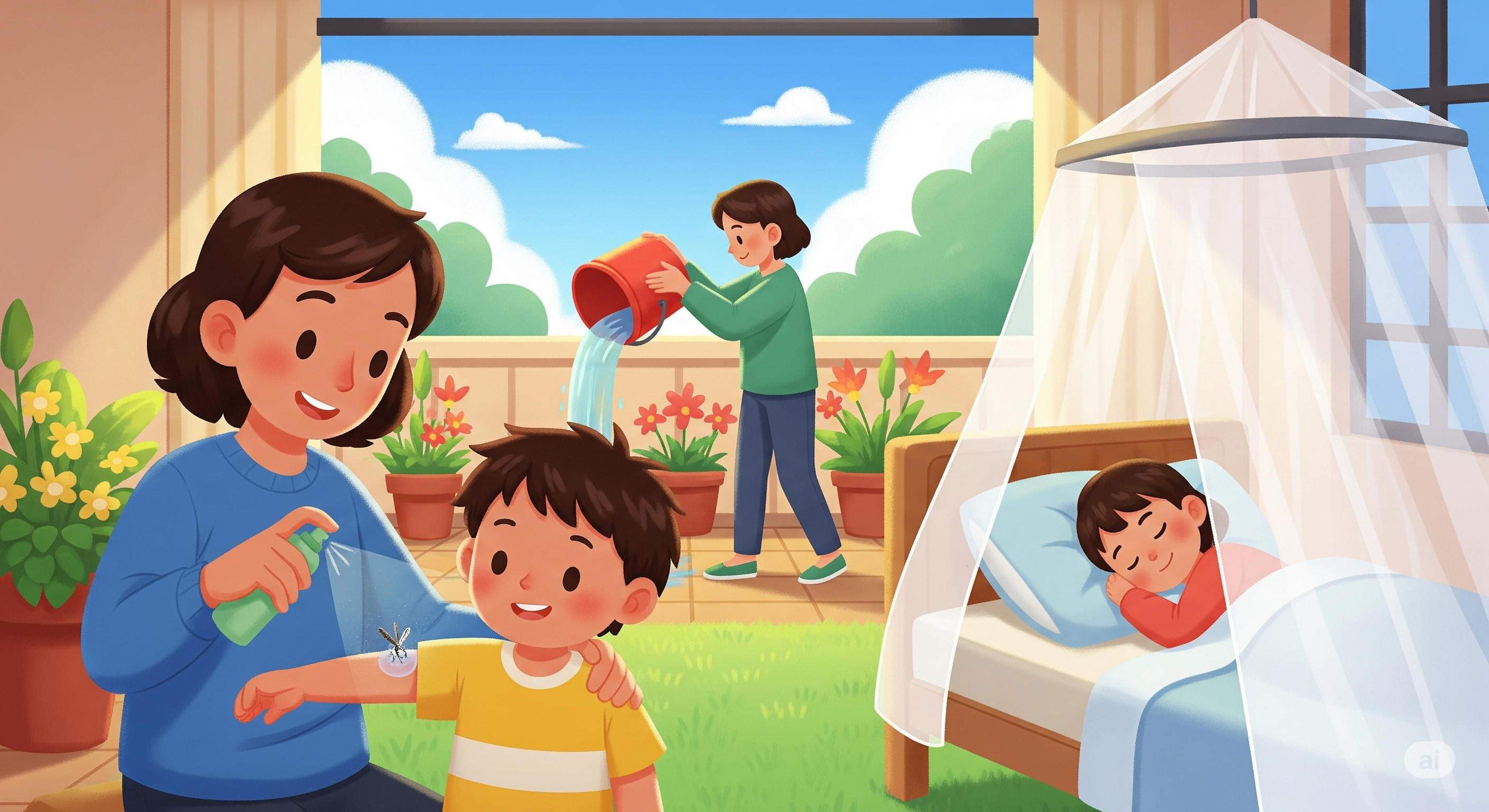 Orang tua mengajari anak cara menggunakan lotion anti nyamuk