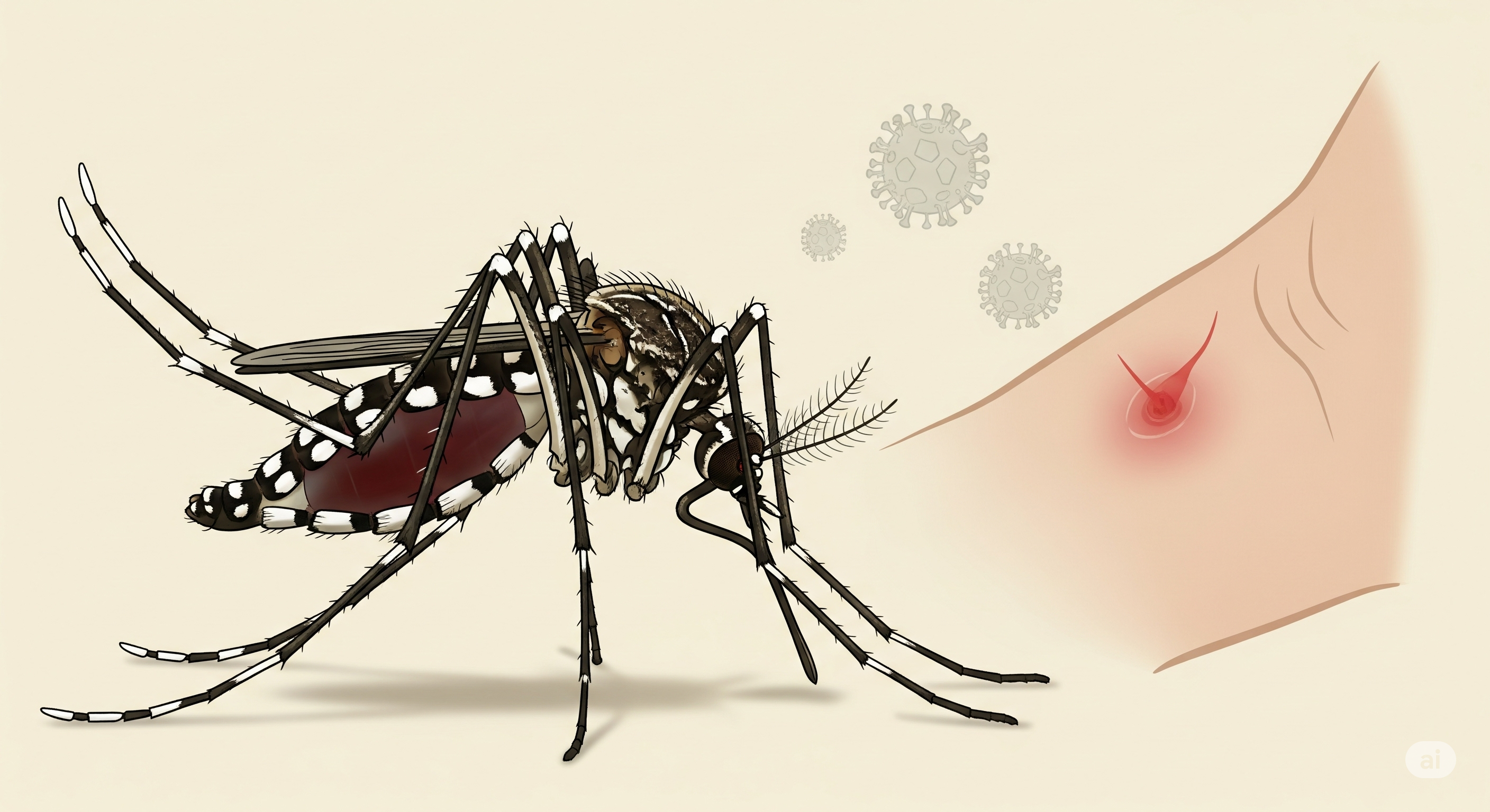 Ilustrasi nyamuk Aedes aegypti dengan latar belakang rumah dan simbol bahaya demam berdarah
